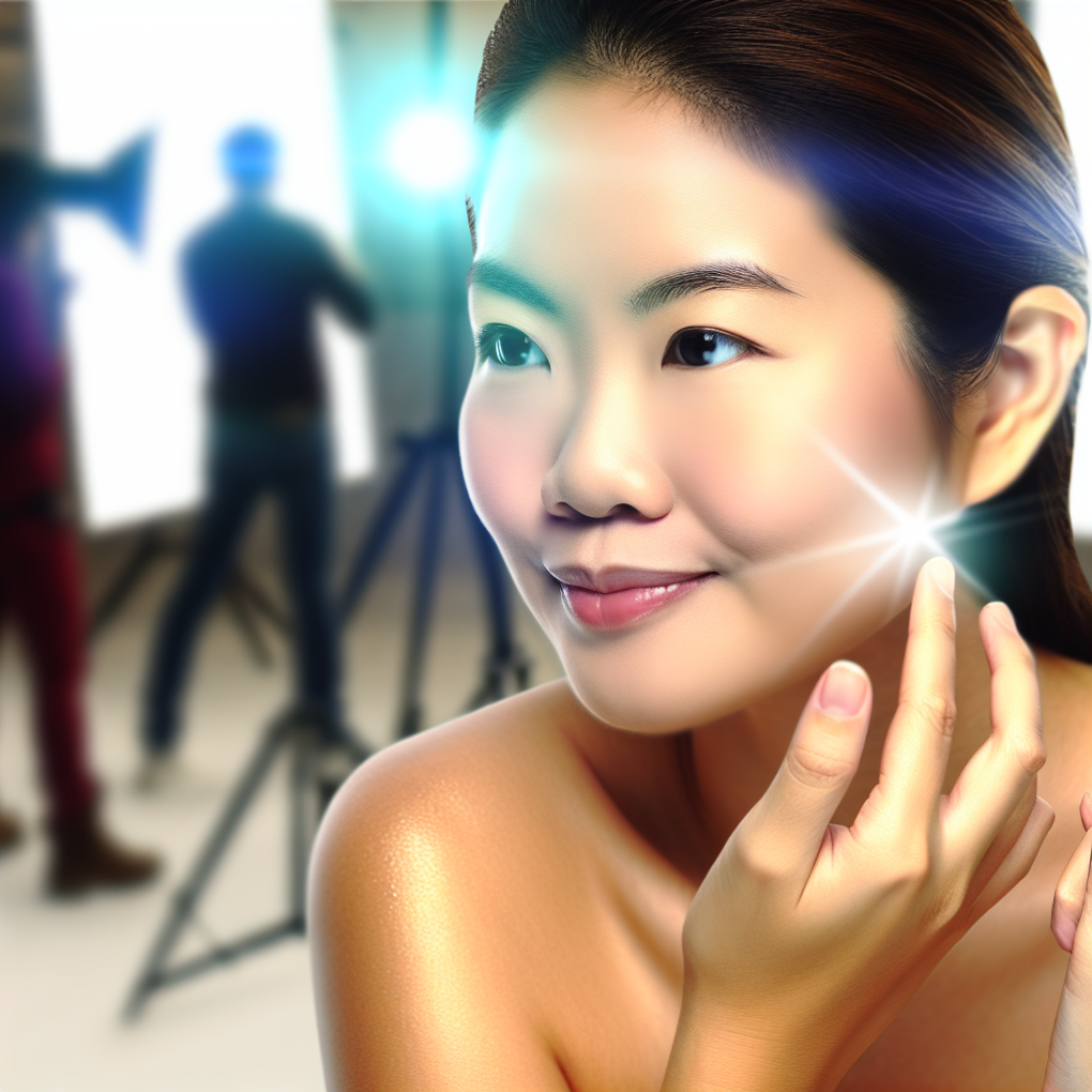 A glowing, youthful woman applying skincare.