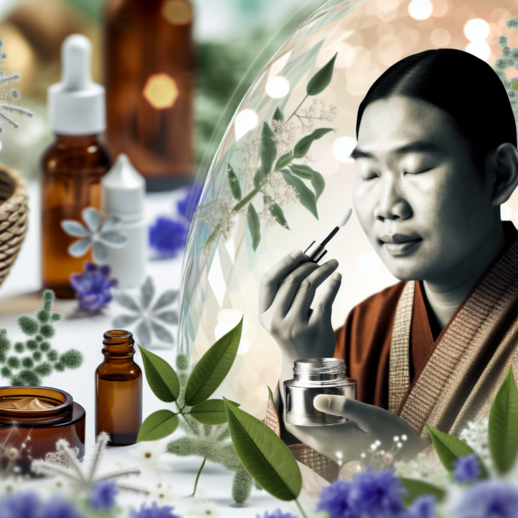 A serene image of a woman applying a gentle serum to her sensitive skin, surrounded by hydrating ingredients and clean beauty products.