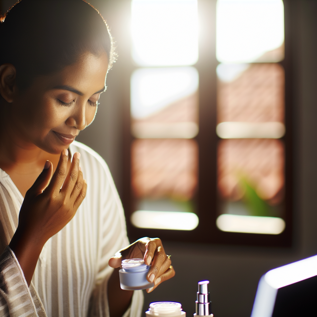 A serene image of a woman applying skincare products with natural, glowing skin.