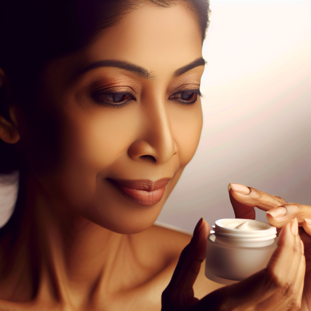 A serene image of a woman gently applying skincare products to her sensitive skin.