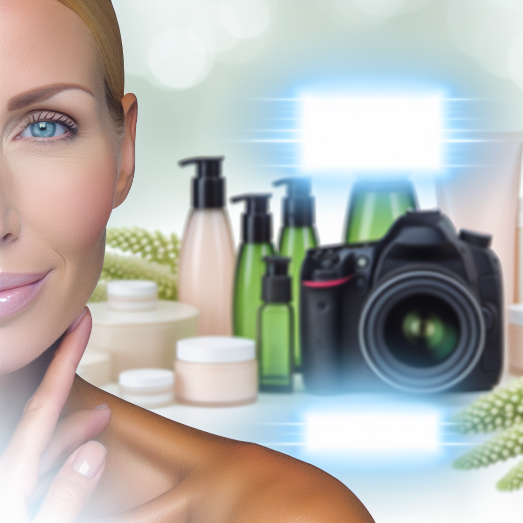 A serene image of a woman with glowing, healthy skin surrounded by gentle, natural beauty products.