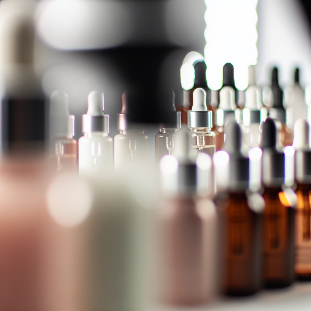 Close-up of clean beauty serums array.