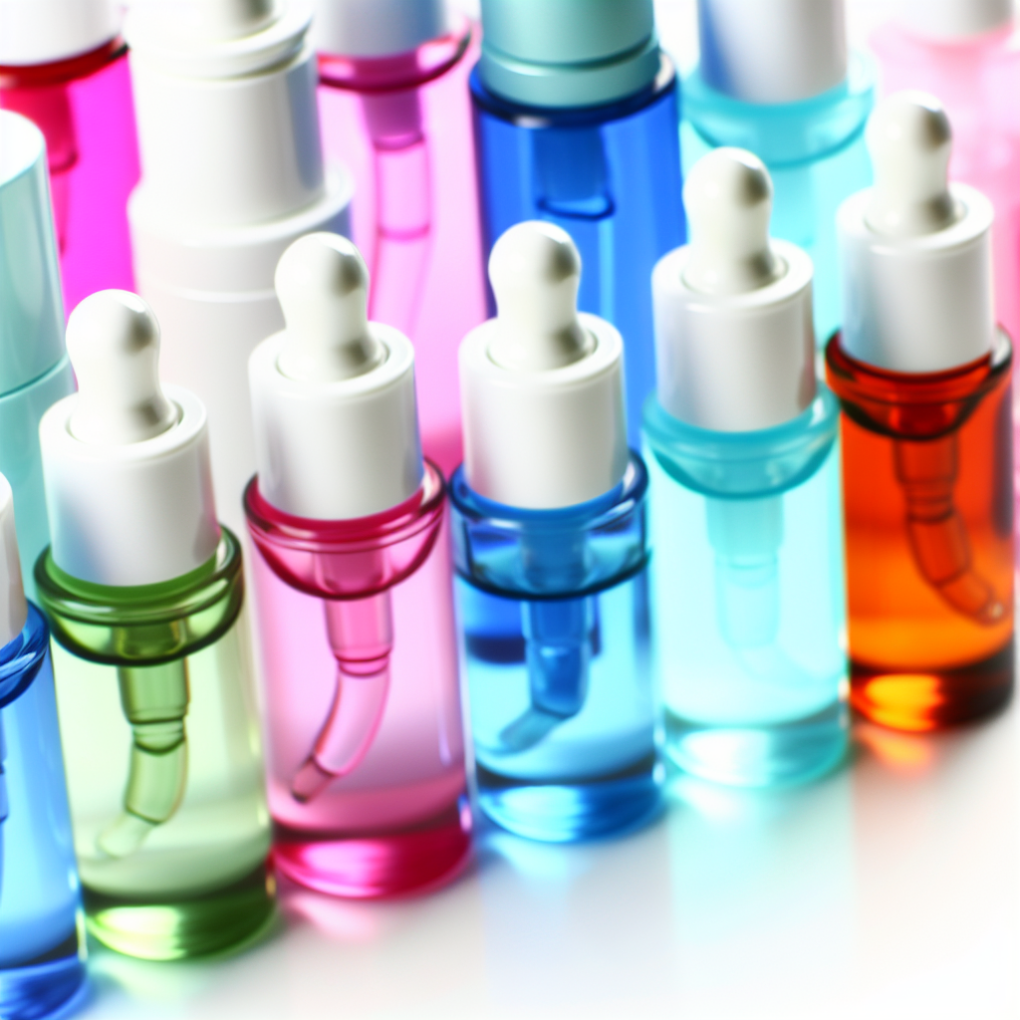 Close-up of colorful skincare serums bottles.