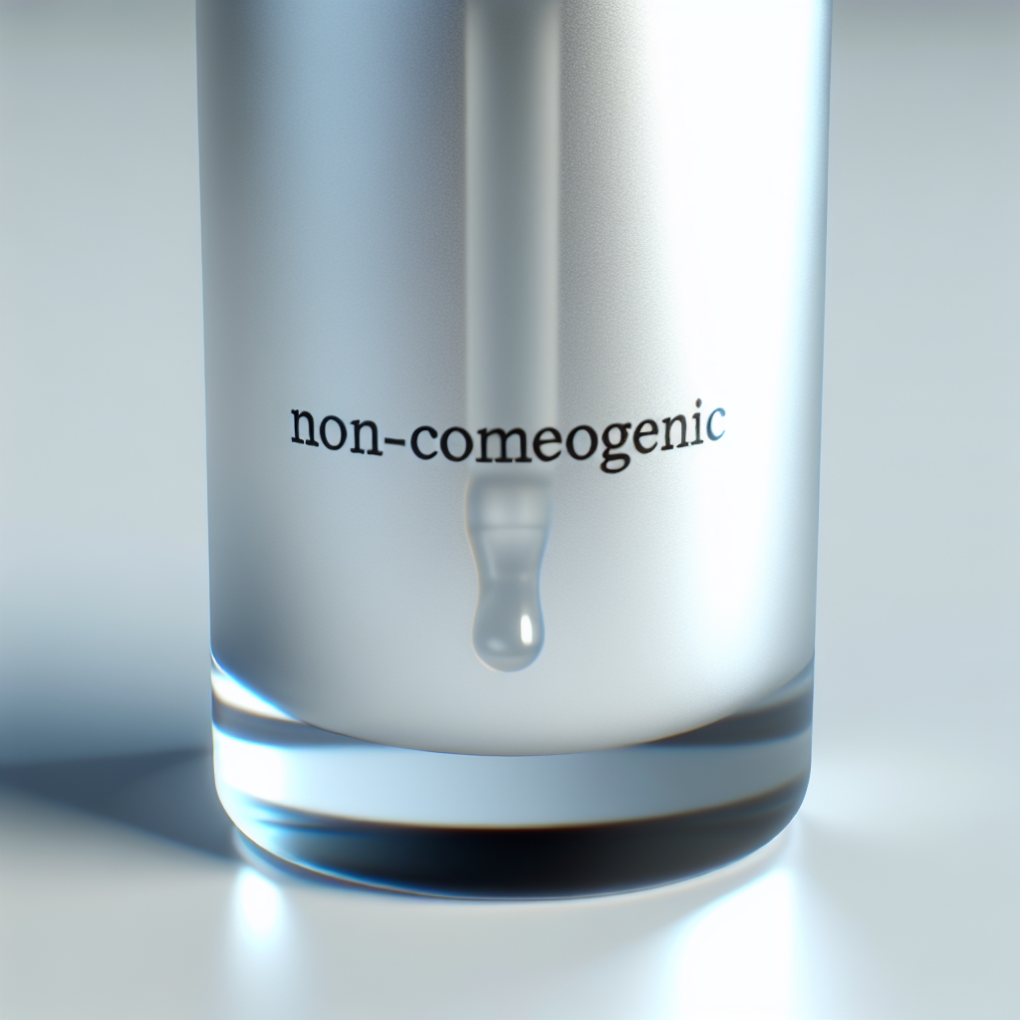 Close-up of non-comedogenic serum bottle.