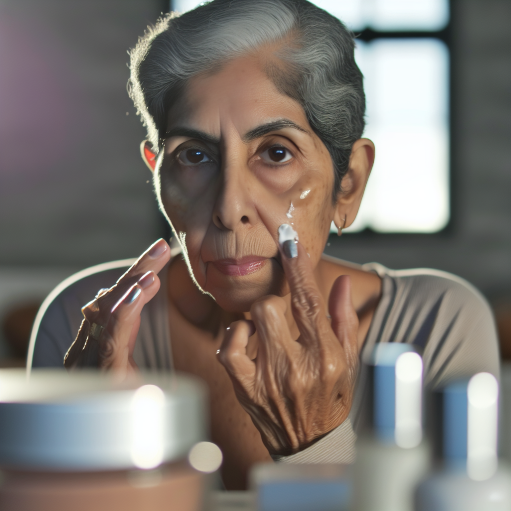 Elderly woman applying sustainable skincare products.