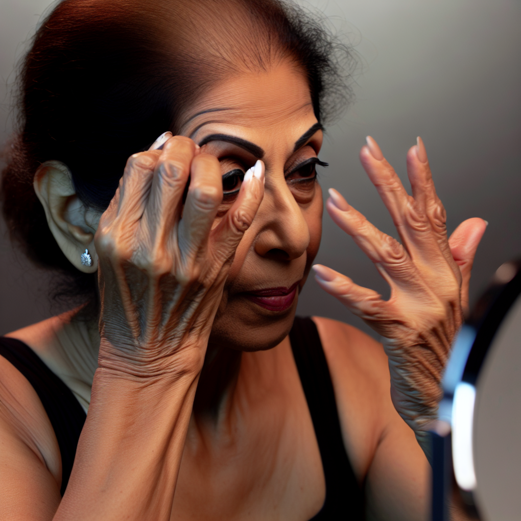 Mature woman applying natural makeup routine.